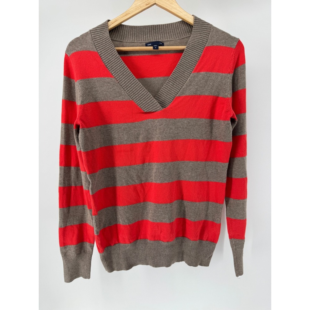 GAP Striped Sweater Womens M Orange Taupe V Neck Knit Preppy Coastal Fall